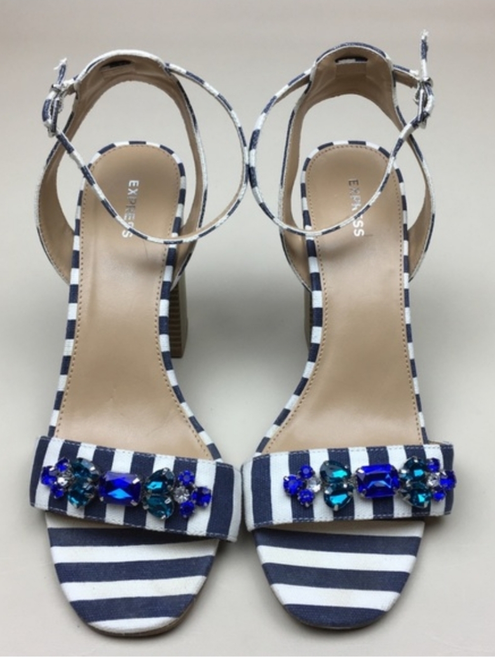 Express Blue & White Striped Jewel Strap Sandals